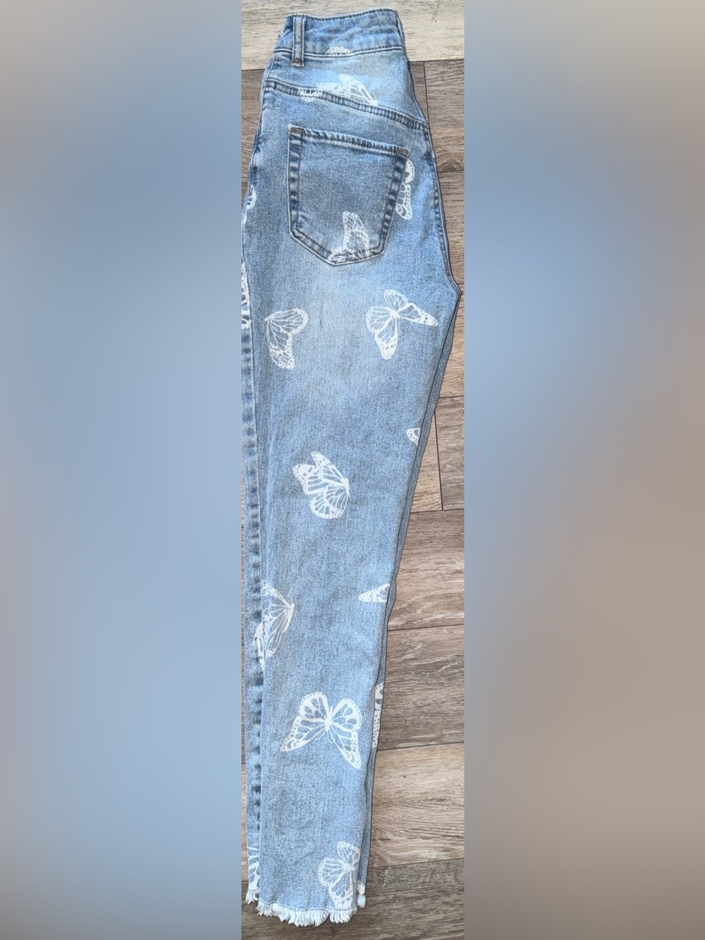 Tinseltown Light Blue Straight Leg Jeans with White Butterfly Motif
